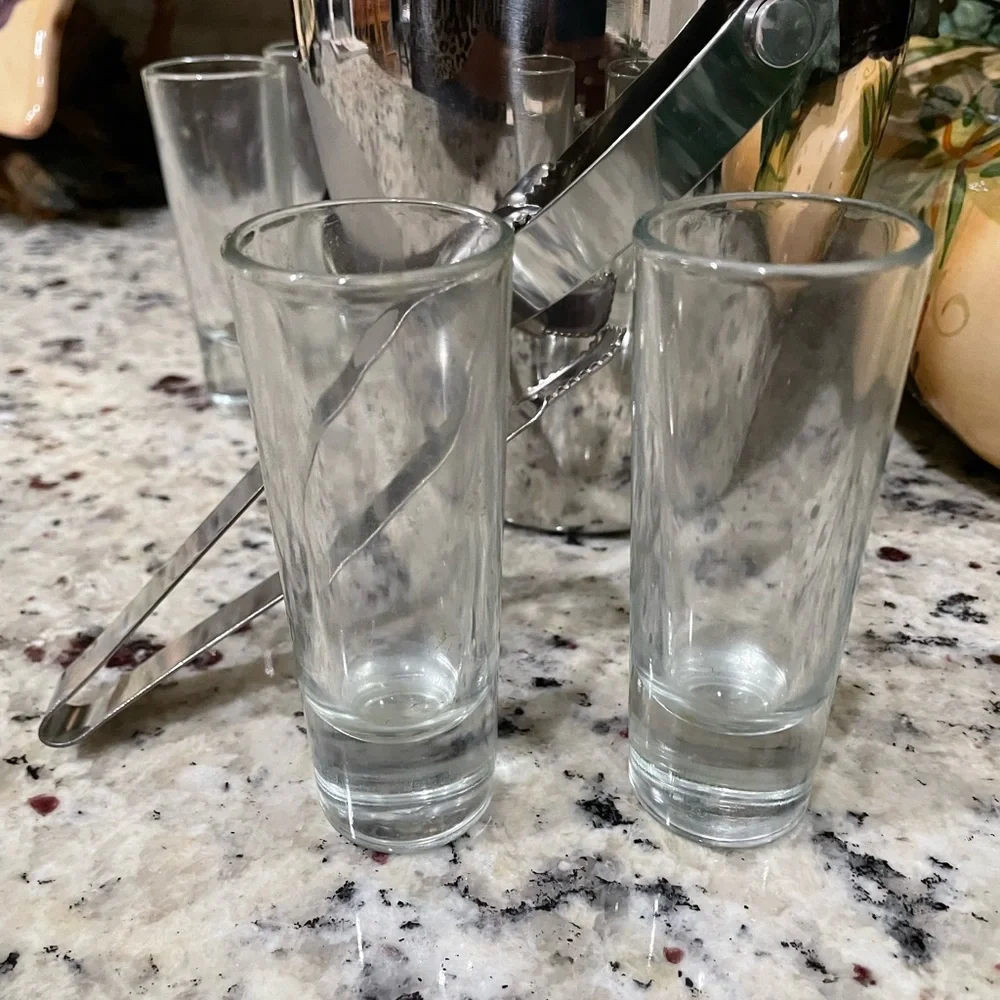 Oggi Elegant Stainless Steel Ice Bucket Set w Tongs and 4 highball glasses NEW